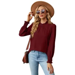 Women's Lace Collar Lantern Sleeve Loose Pleated T-shirt - Wine Red - View 1