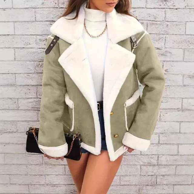 Fashion Polo Collar Plush Jacket Winter Warm Casual Jacket Matcha - Shop at LoveMi