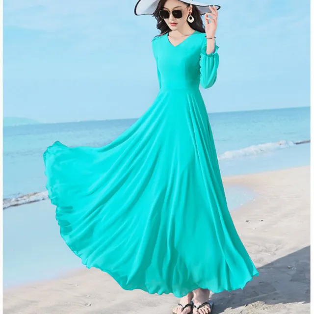 Double layer Swing Slimming Long sleeved Chiffon Women's Mid length Over the knee Dress Azure 5Xl - Shop at LoveMi