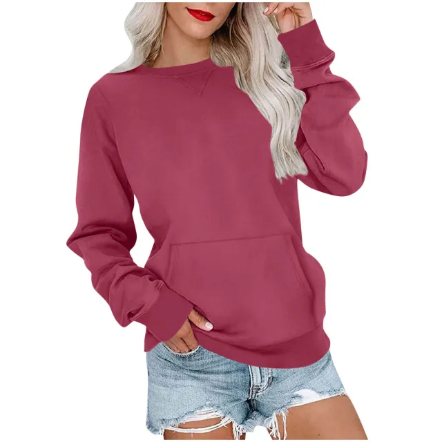 Women's Pin Solid Color Round Neck Loose Long sleeved Sweater Rouge Color Xl - Shop at LoveMi