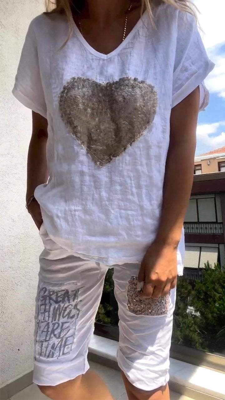 Cotton And Linen Loose Women's Wear Heart-shaped Sequined Suit