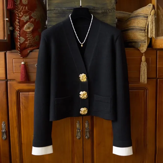 Light Luxury High grade Knitted Cardigan Golden Buckle V neck Coat Black - Shop at LoveMi