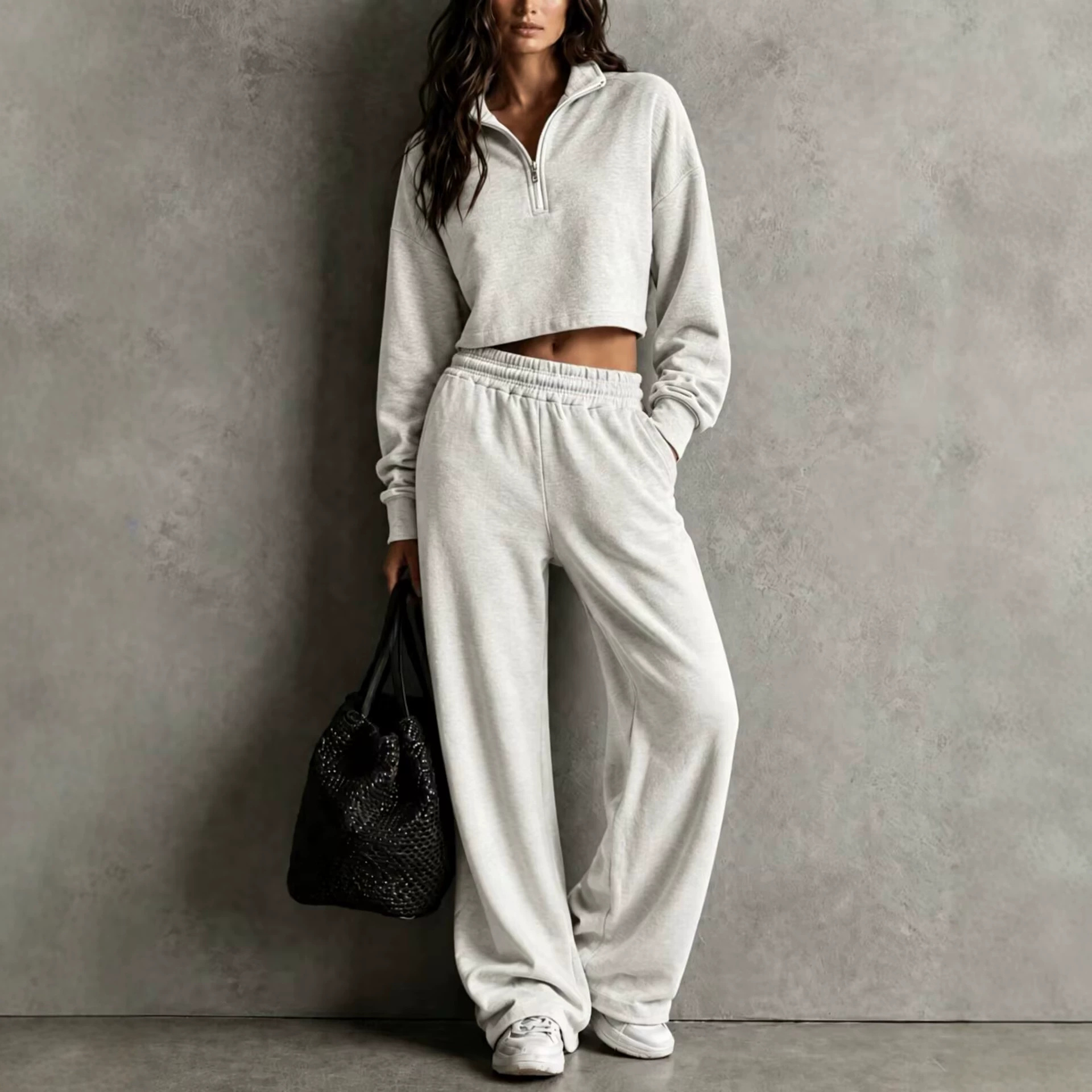 Womens Loose-fitting Half-zip Top And Wide-leg Pants Set 10
