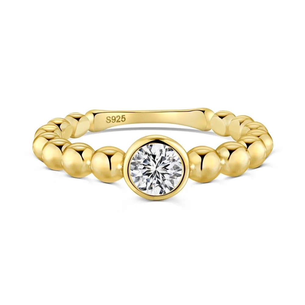 S925 Sterling Silver Ring Female Wave Bead Design Refined Personalized - Gold