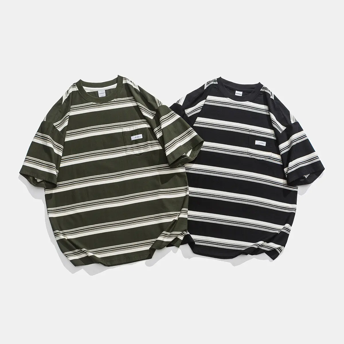 Casual Loose Striped Pocket Round Neck T-shirt