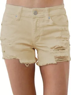 Women's High Waist Fringe Wide-leg Denim Shorts - Khaki - View 1