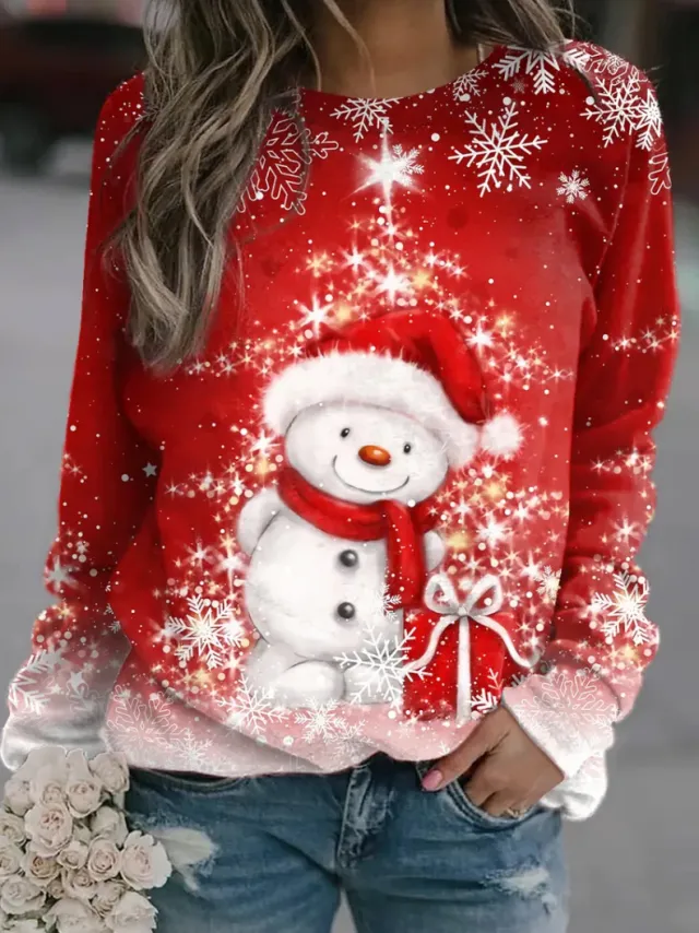 Women's Printed Round Neck Long sleeved Sweater Red - Shop at LoveMi