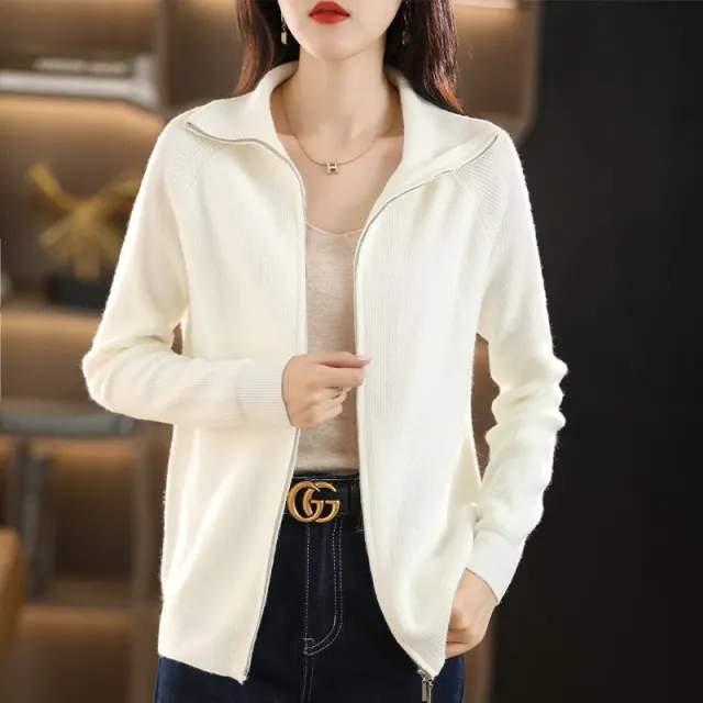 Zipper Sweater Women's Large Lapel Knitted Cardigan Thick Coat Moonlight White - Shop at LoveMi