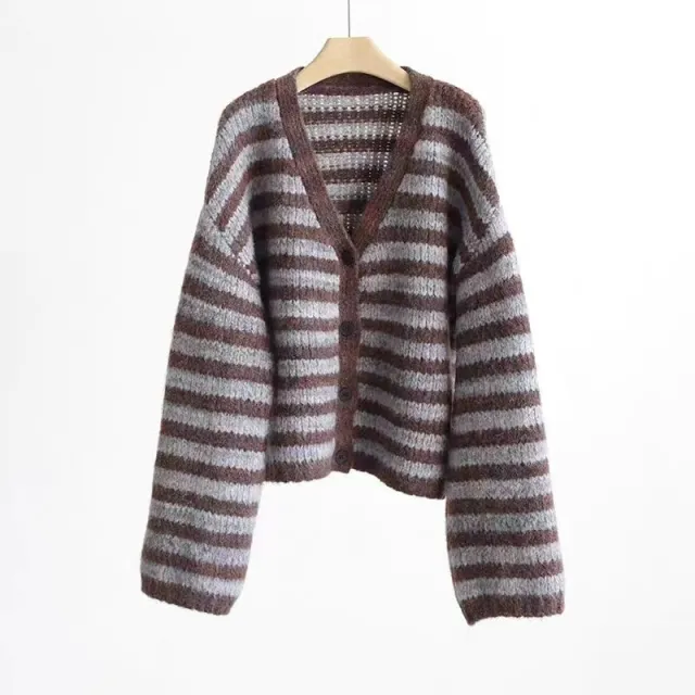 Retro Color Matching Striped V neck Top Brown - Shop at LoveMi