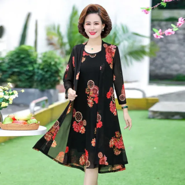 Dress Middle aged And Elderly Two piece Suit Red Flower - Shop at LoveMi