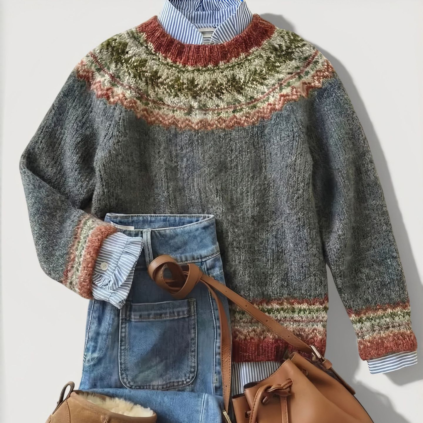 Retro Crew-Neck Knit Sweater From Europe And The US Casual Relaxed Fit Color-Block Long-Sleeve Pullover