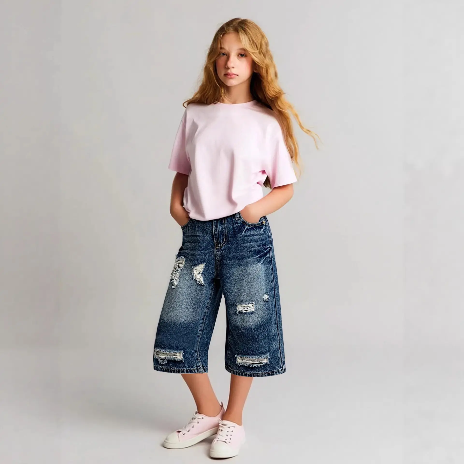 Girl's Nostalgic Washed Distressed Jeans