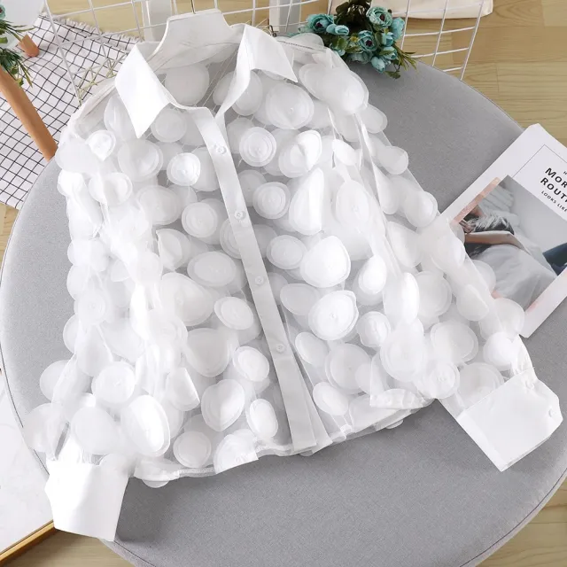 Women's Three dimensional Flower Chiffon Gauzy Shirt White - Shop at LoveMi
