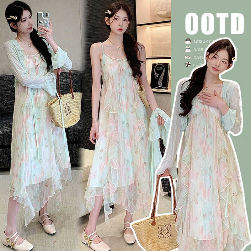 Sweet-style Floral Slip Dress And Lace Cardigan Two-piece Set