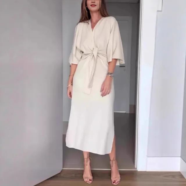Solid Color Cotton Linen Loose V neck Women's Dress Beige - Shop at LoveMi