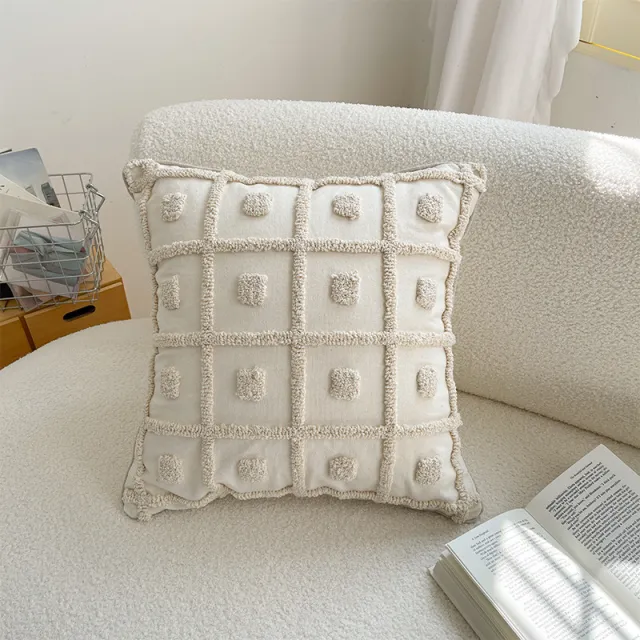 Moroccan Style Loop Velvet Geometric Embroidered Cushion White Grid Square Pillow - Shop at LoveMi
