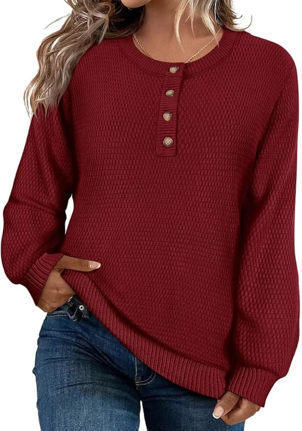 Solid Color Buttons Long Sleeve Round Neck Pullover Sweater Top - Wine Red