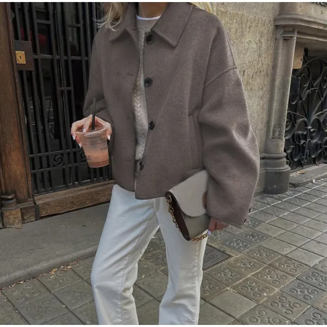 Lapel Long Sleeve Short Button Coat Fashion Women Baggy Casual Jacket - Shop at LoveMi