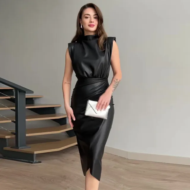 Women's Solid Color High Waist Stitching Pleated Slim Dress Black - Shop at LoveMi
