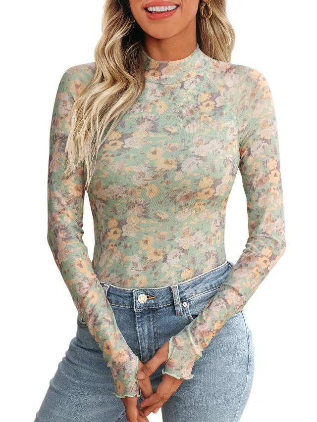 Floral Mesh Round Neck Long Sleeve Mesh With Thumb Hole Fashion Autumn Undershirt Green - Shop at LoveMi