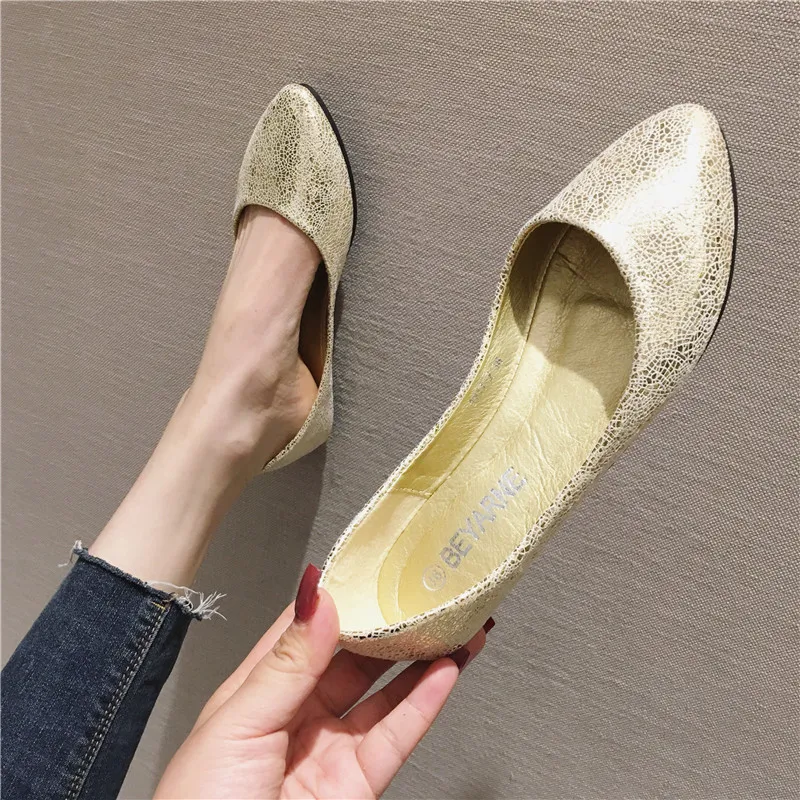 Burst Crack All-matching Flat Shoes Plain Pointed Boat Shoes - Gold