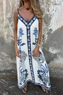 Summer European And American Style Retro Minimalist Strap Printed Dress - White - View 1