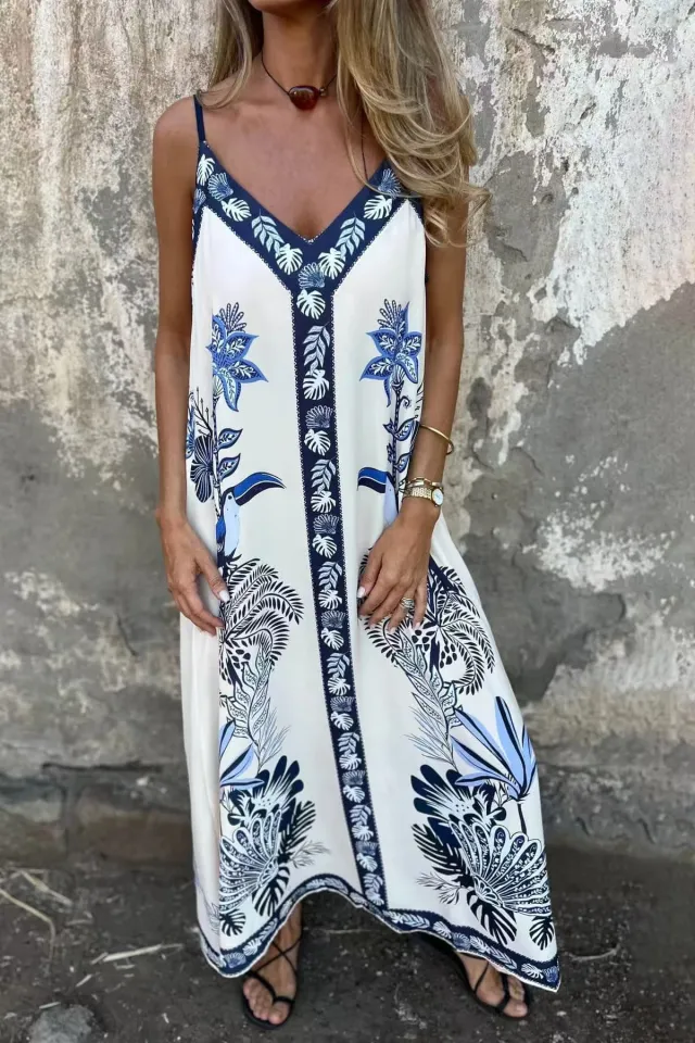 Summer European And American Style Retro Minimalist Strap Printed Dress White - Shop at LoveMi