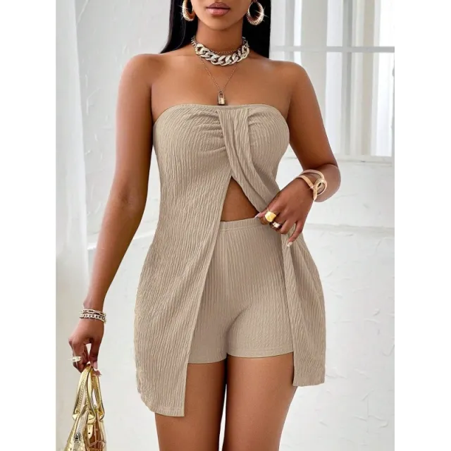 Women's Strapless Bandeau Top Shorts Suit Apricot - Shop at LoveMi