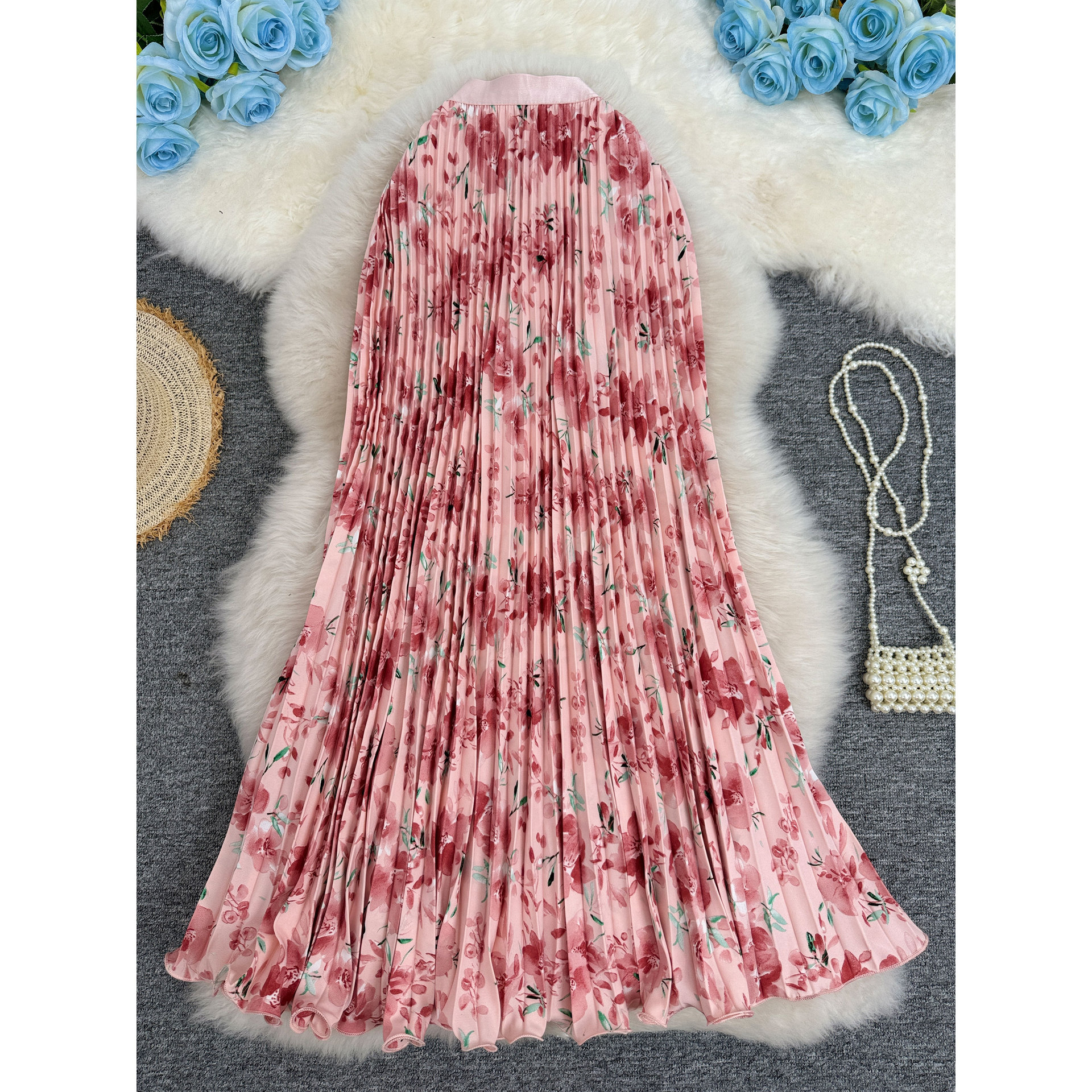 Printed Pleated Skirt For Workwear Versatile And High-waisted