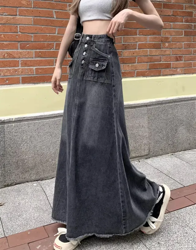 Retro Design Niche A Line Dress Skirt Autumn Blue Gray - Shop at LoveMi