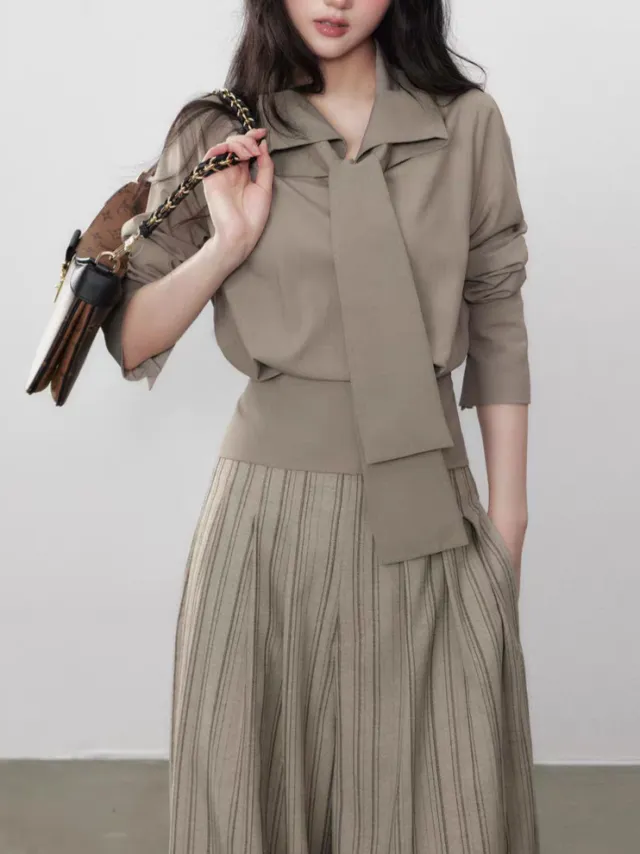 All matching Lace up Simple Graceful Slimming Long sleeved Shirt Women Shirt - Shop at LoveMi