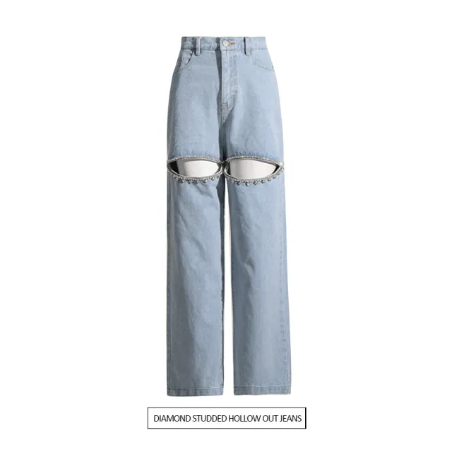 Women's Fashionable Diamond Beaded Wide leg Jeans Light Blue - Shop at LoveMi