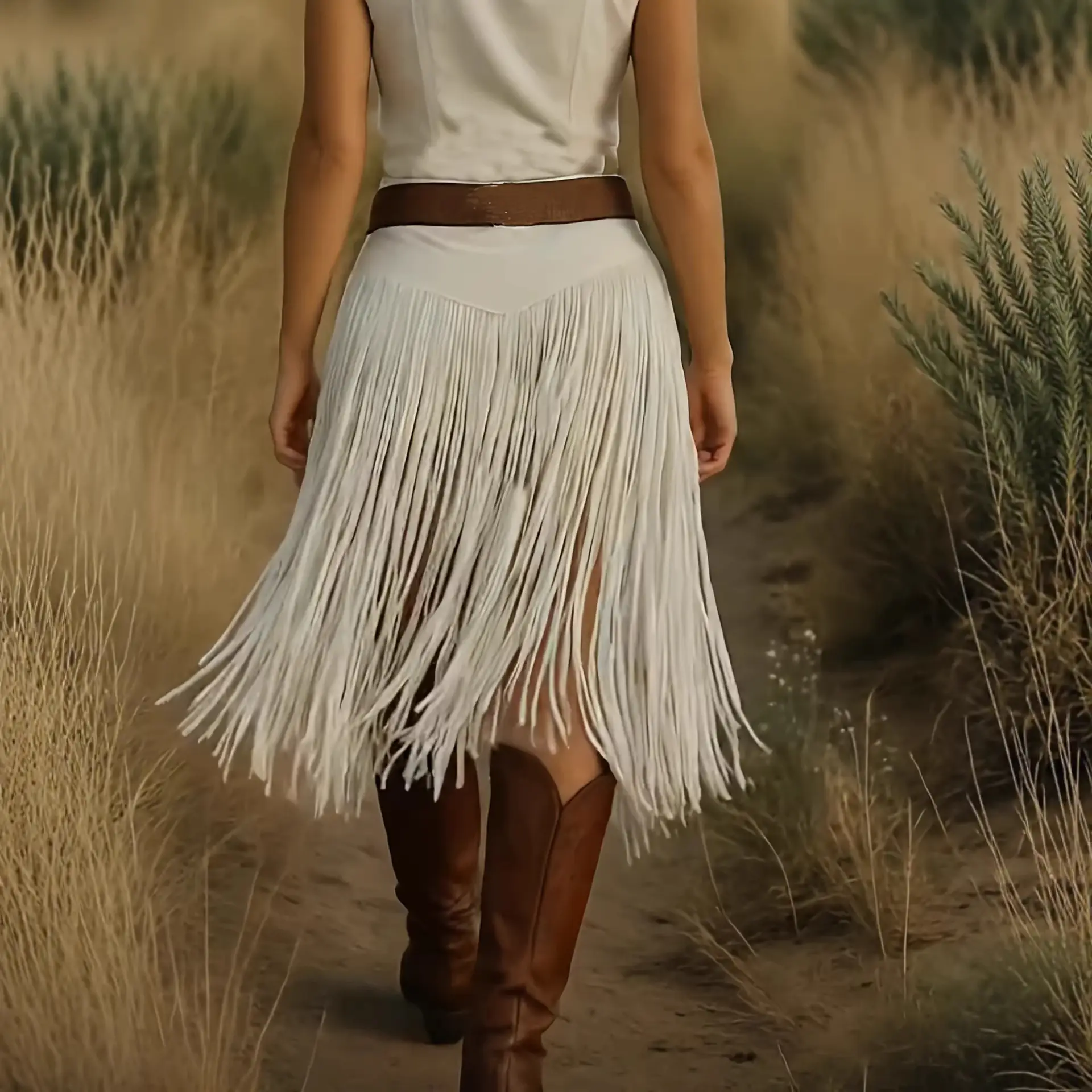 White Retro Irregular Suede Fringe Skirt