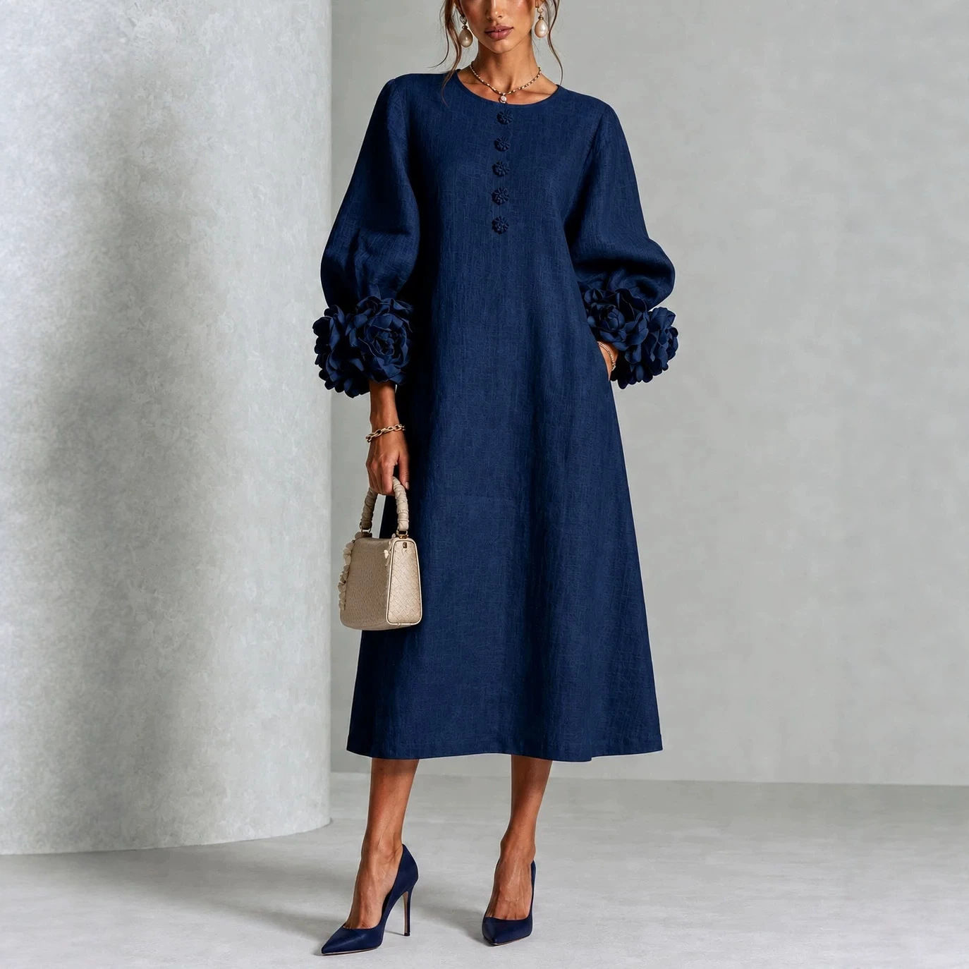 Puff Sleeve Floral Dress Pink Navy - French Style A-Line