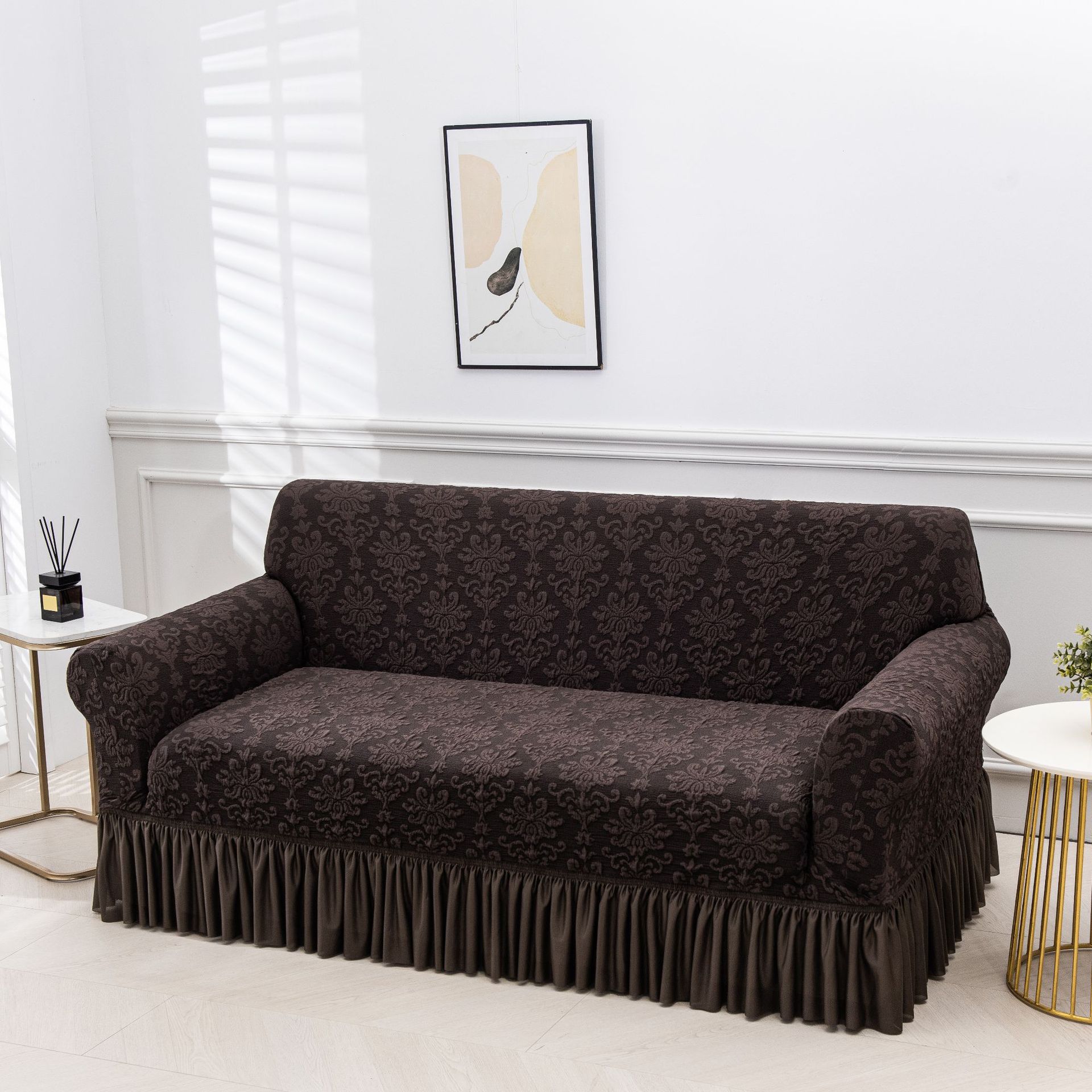 Black Silk Embossed Jacquard Skirt-style Stretch Living Room Sofa Cover
