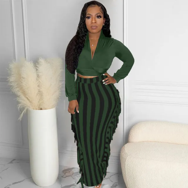 31302 Autumn And Winter Women's Lace up Tassel Suit Skirt Olive Green - Shop at LoveMi
