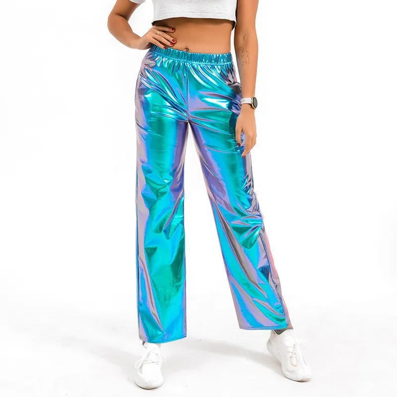 Sports Stretch Fashion PU Bright Leather Casual Pants - Crystal Blue