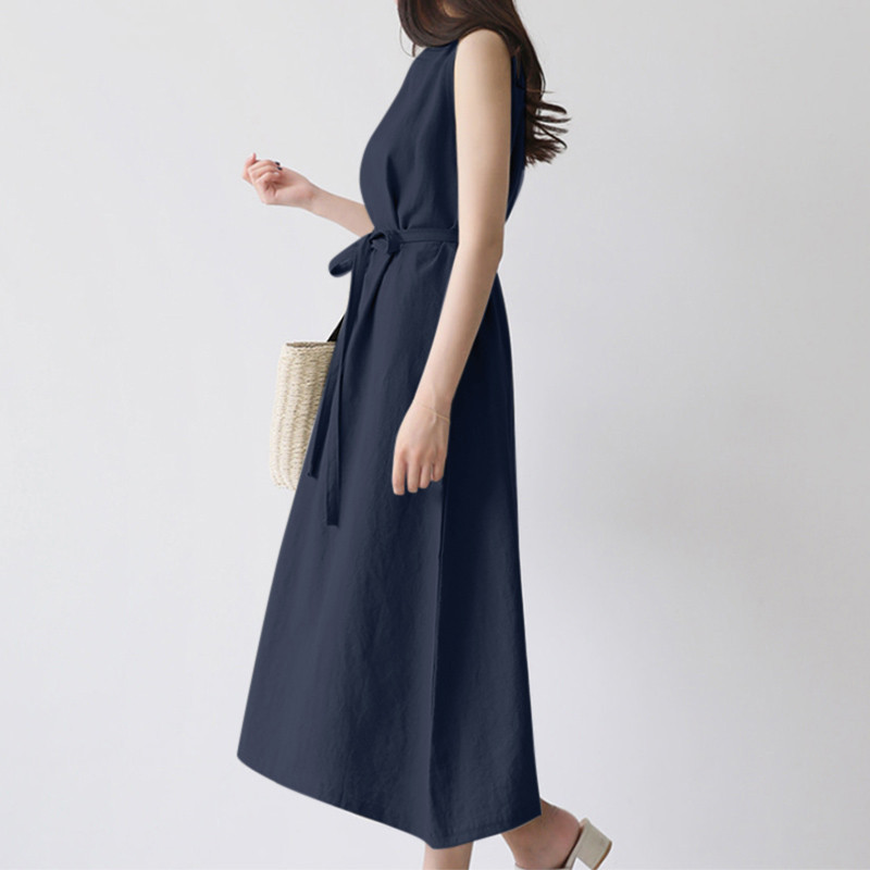 Women's Sleeveless Round Neck Solid Color Cotton And Linen Dress