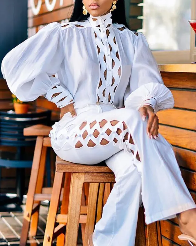 Lace Shirt White Long Sleeve Solid Color Blouse And Pants White - Shop at LoveMi