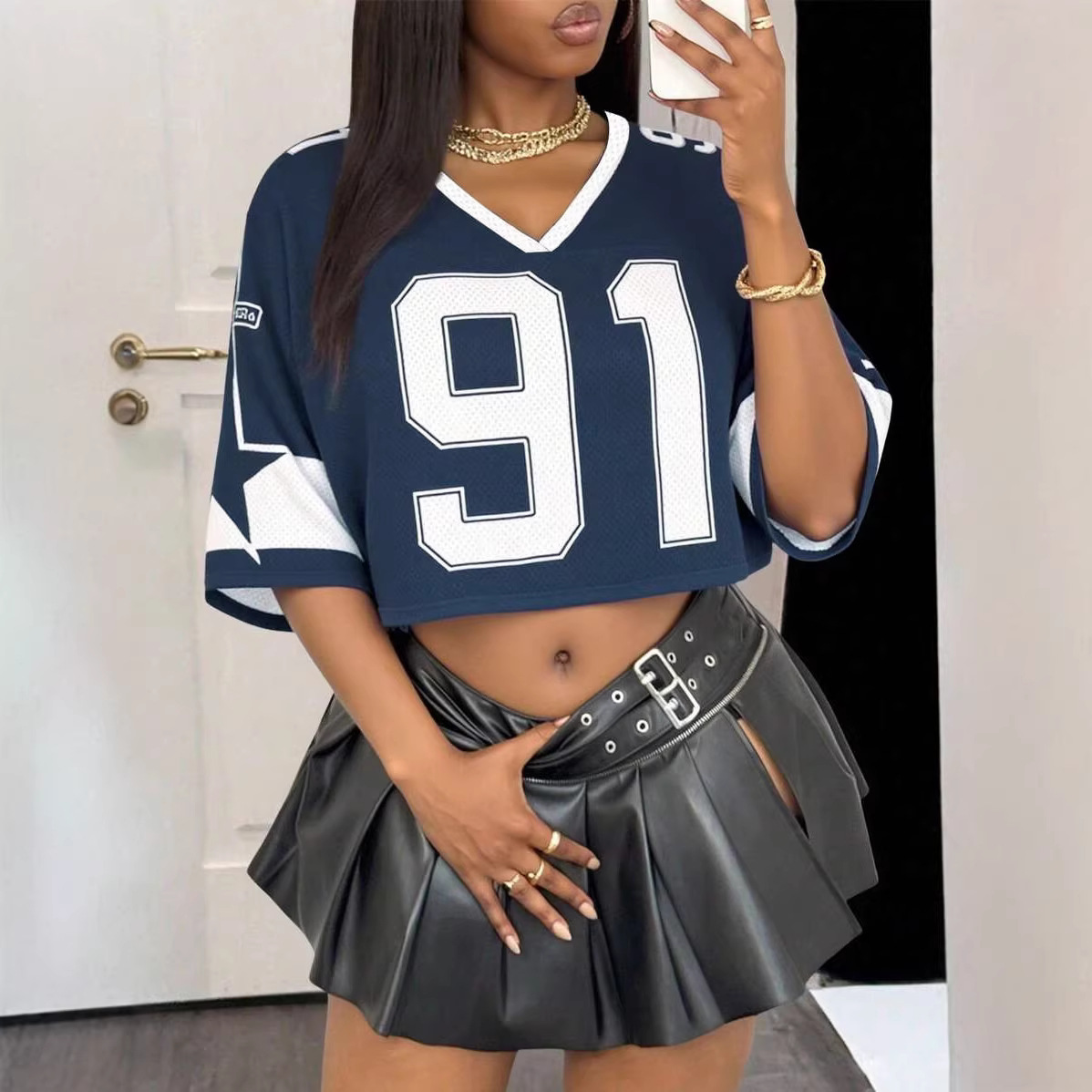 Women's Fashion Preppy-Style V-Neck Loose Short-Sleeve Shirt