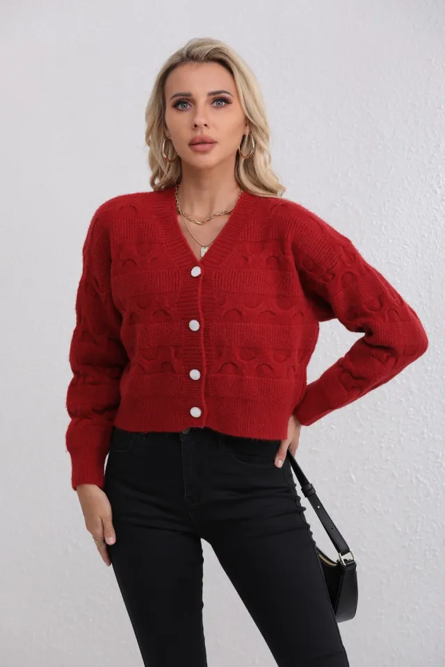 Women's Short Knitted Cardigan Fashion Long Sleeve Sweater Red - Shop at LoveMi