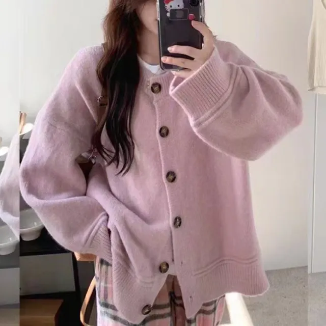 Japanese Lazy Style Round Neck Long Sleeve Sweater Coat Soft Glutinous Knitted Cardigan Pink - Shop at LoveMi