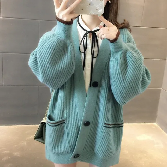 Casual Laid back Style Gentle Outerwear Korean Style Knitted Coat Lake Blue - Shop at LoveMi