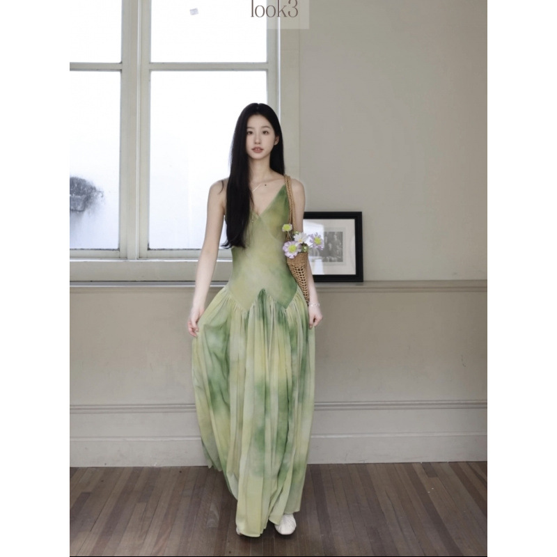 Green Blooming Printed Elegant Sling Dress Women