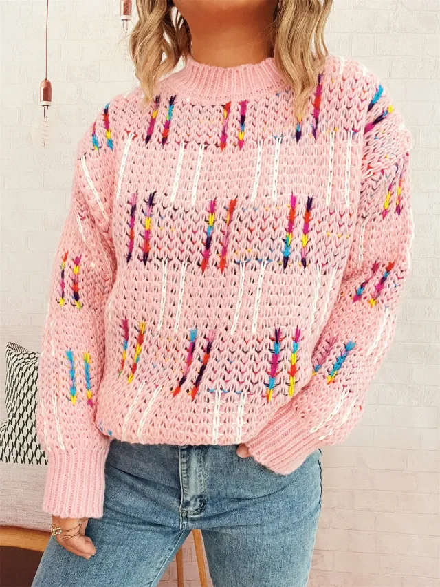 Contrast Color Cute Style Knitted Pullover Sweater For Women Pink - Shop at LoveMi