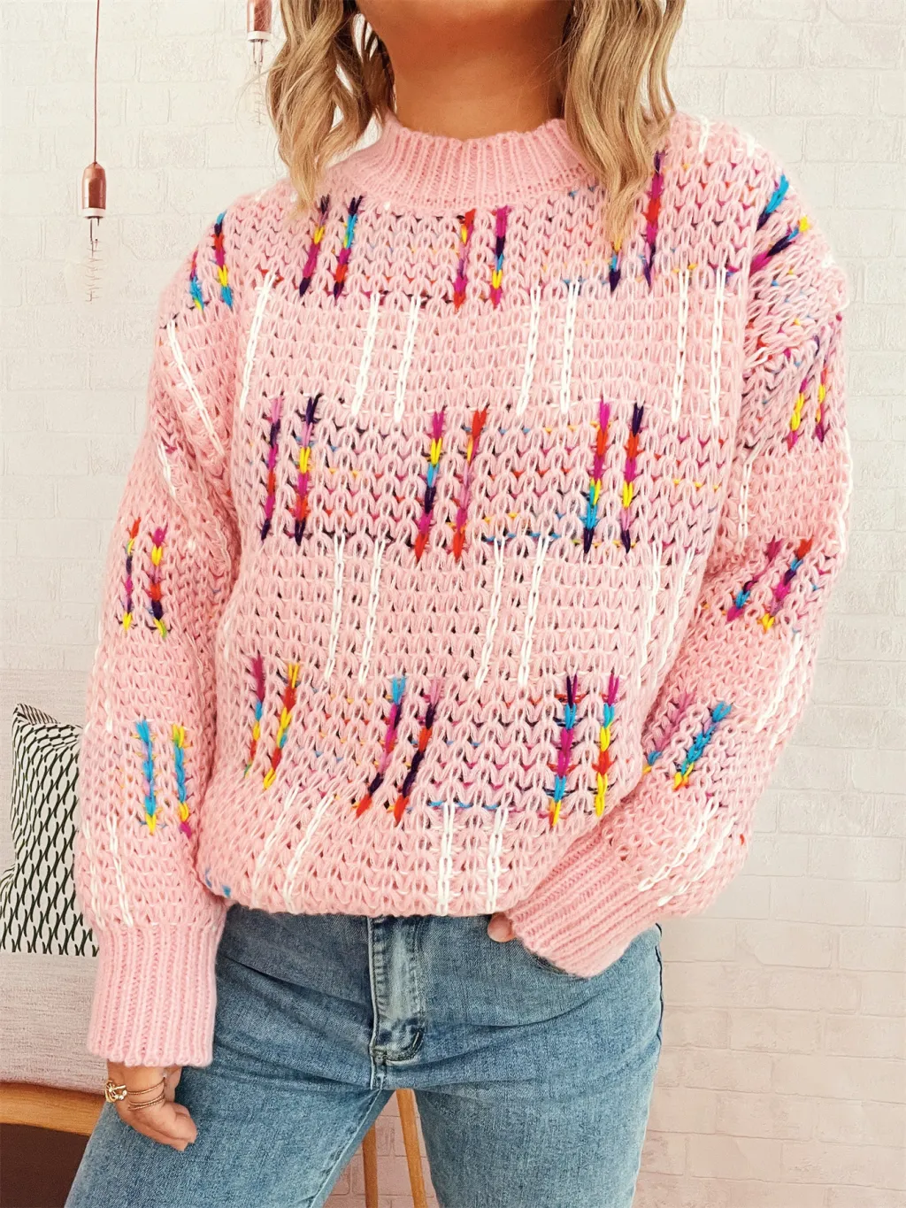 Contrast Color Cute Style Knitted Pullover Sweater For Women - Pink