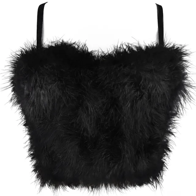 Autumn And Winter New Inner Wear Solid Color Stitching Furry Camisole Women's Feather Tube Top Christmas Performance Vest Top Black - Shop at LoveMi