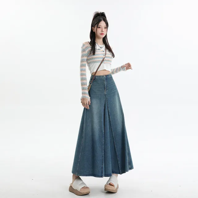 American Style Retro Big Swing Denim Spring New High Waist A Line Slimming Mid length Skirt Retro Blue - Shop at LoveMi