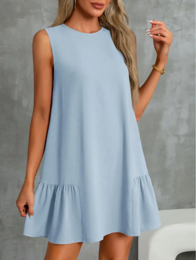 Women's Solid Color Round Neck Sleeveless Vest Dress Light Blue - Shop at LoveMi