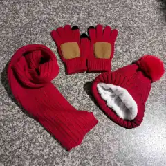 Knitted Hat Scarf Touch Screen Gloves - Red Palm With Leather - View 1